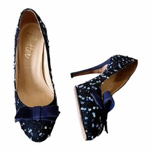 BUTTER Blue Fabric Leather Pumps Round Toe Swiss Dot Bow Stiletto Heels US 7 EUC